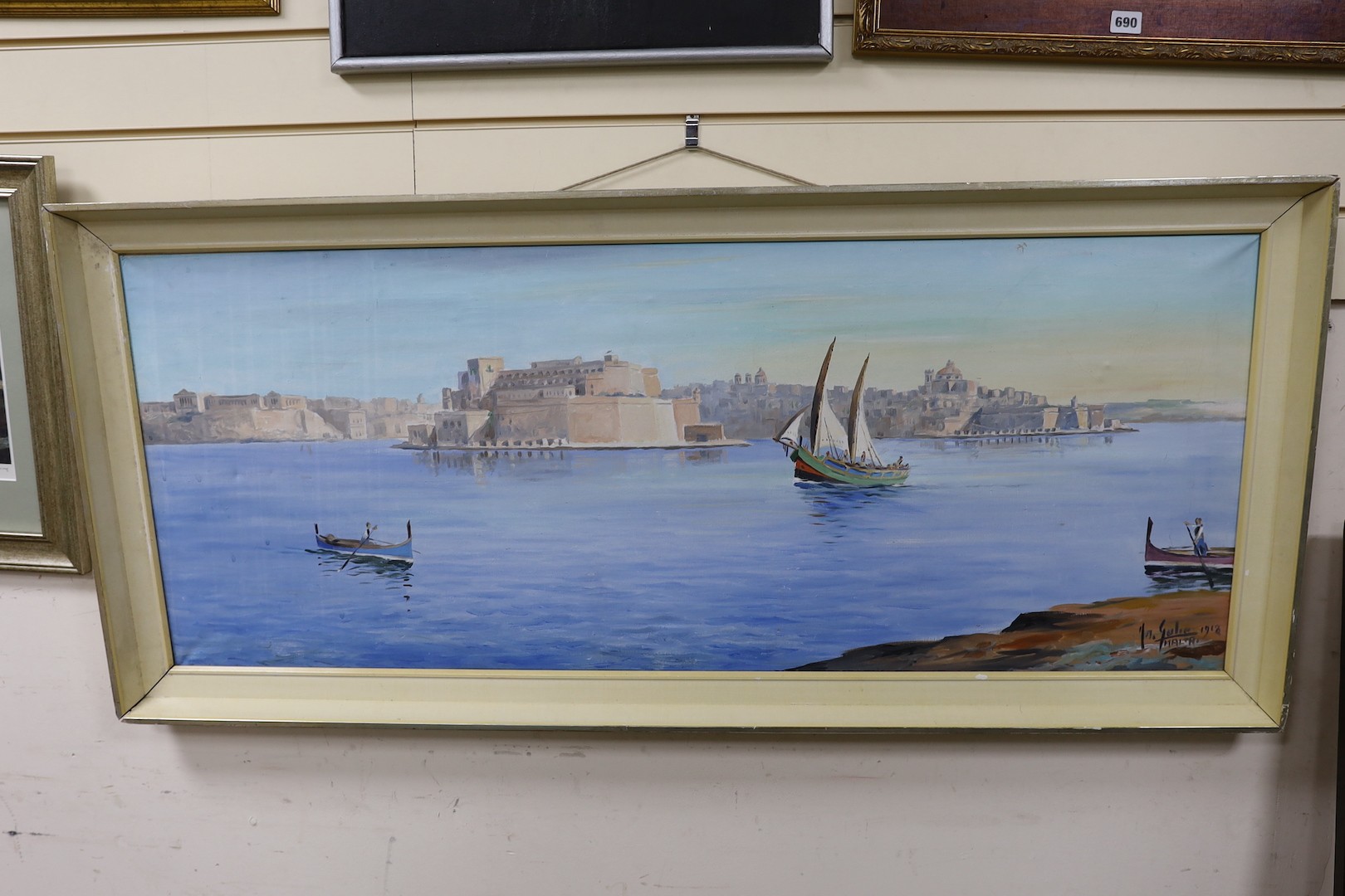 Galea, oil on canvas, 'Valetta Harbour, Malta', signed and dated 1918, 48 x 119cm